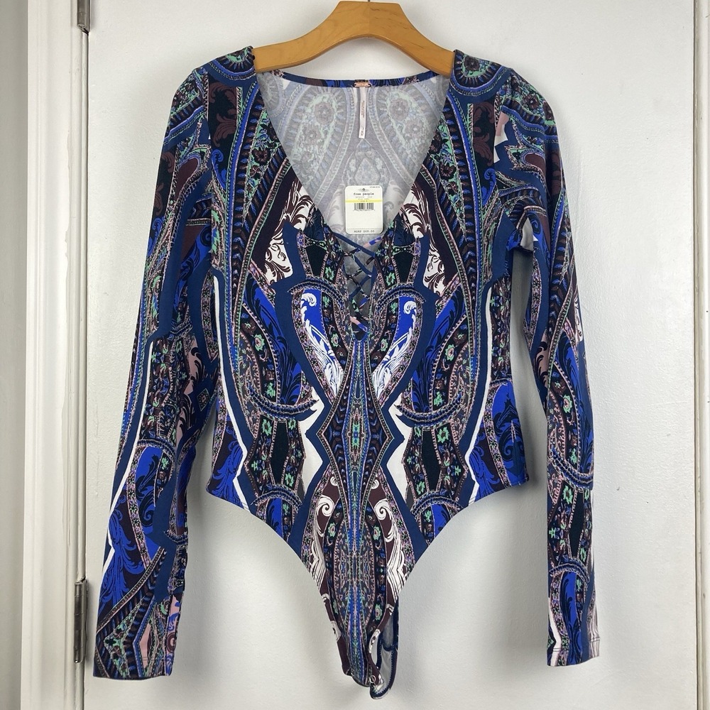 Free People NWT Pick A Place Long Sleeve Bodysuit Blue Combo Paisley Boho sz M - Picture 3 of 13